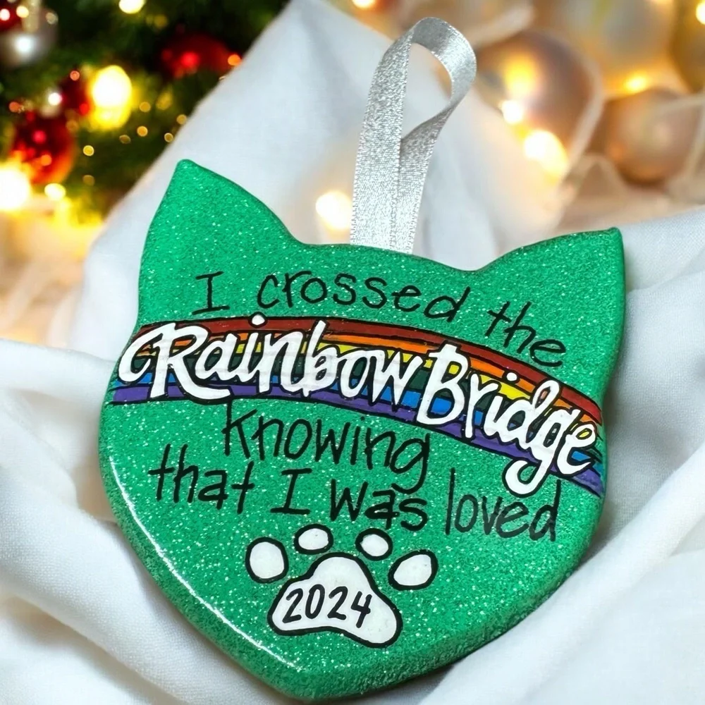 Purr-fect Tribute: Custom Hand-painted Rainbow Bridge Cat Ornament, Personalized